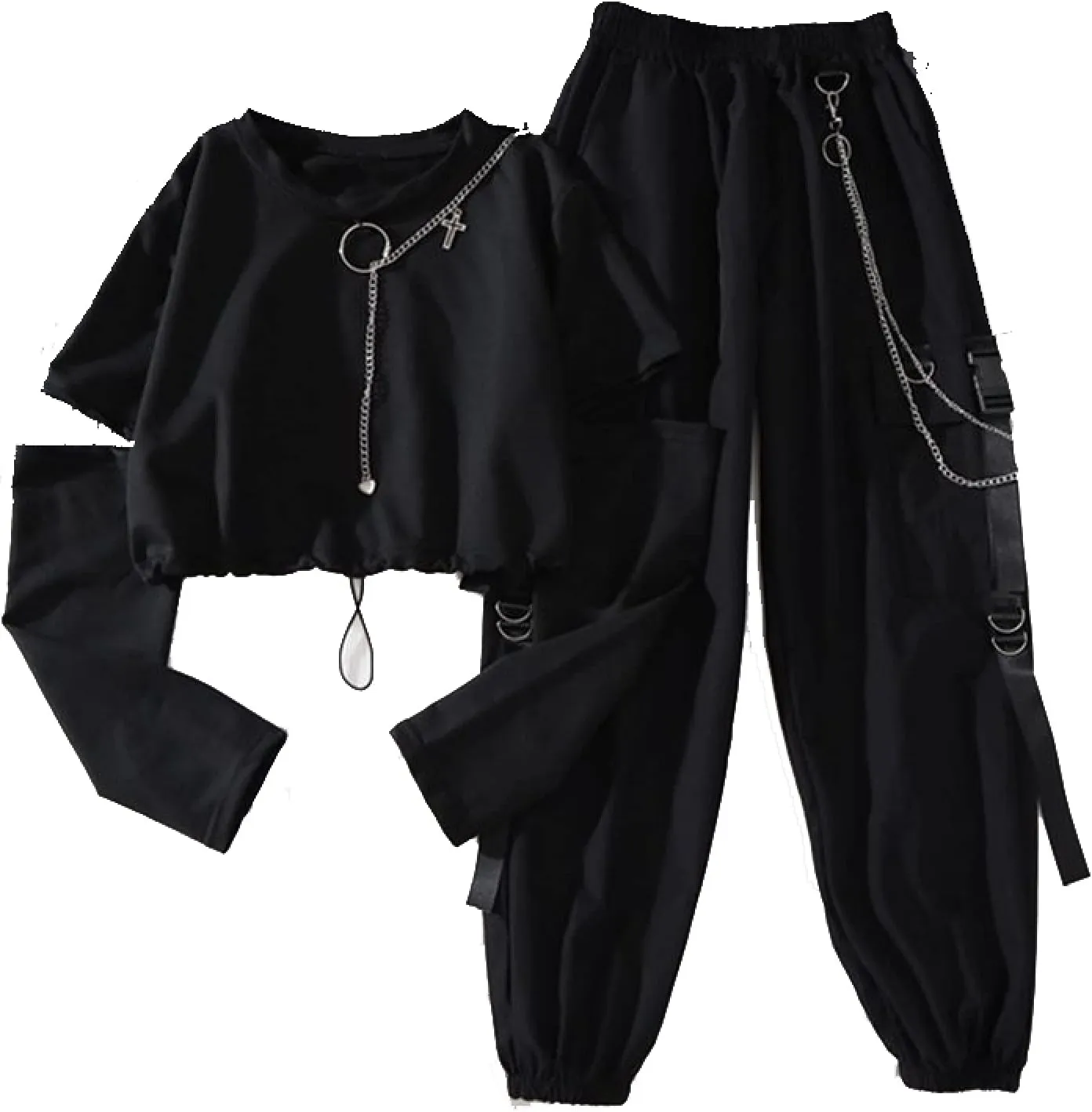 Gothic Women's Harajuku Overalls Handsome and Cool Two-Piece Suit Chain Long Sleeve   Ribbon Pants(2 Piece,M)