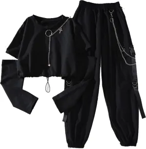Gothic Women's Harajuku Overalls Handsome and Cool Two-Piece Suit Chain Long Sleeve   Ribbon Pants(2 Piece,M)