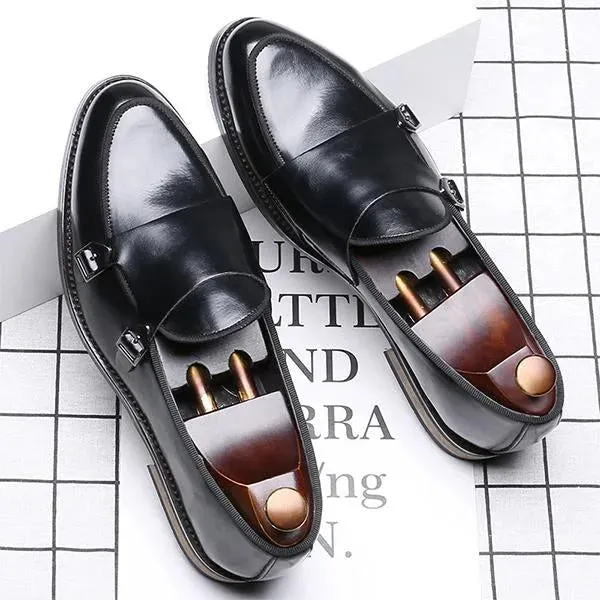 Handmade Men Black Double Buckle Penny Loafers Leather Dress Slip Ons Shoes