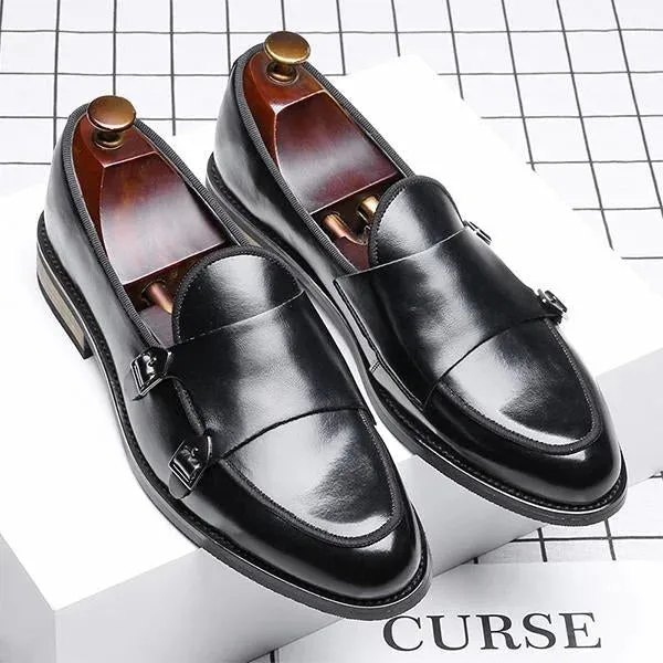 Handmade Men Black Double Buckle Penny Loafers Leather Dress Slip Ons Shoes