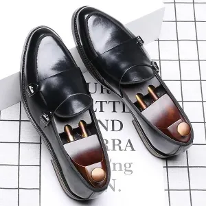 Handmade Men Black Double Buckle Penny Loafers Leather Dress Slip Ons Shoes