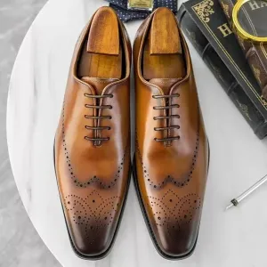 Handmade Men Brown Wing Tip Leather Brogue Lace Up Dress Shoe, Office Shoes