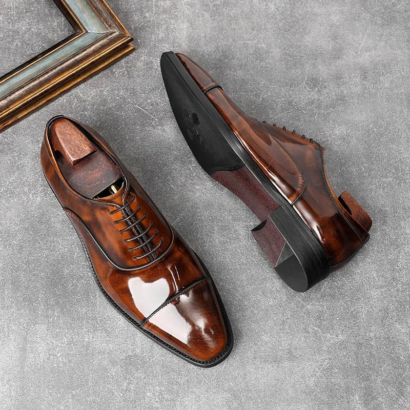 Handmade Men Shaded Brown Patent Leather Lace Up Dress Shoes, Office Shoes
