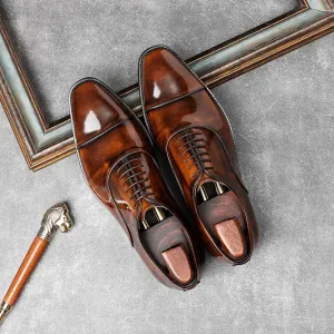 Handmade Men Shaded Brown Patent Leather Lace Up Dress Shoes, Office Shoes