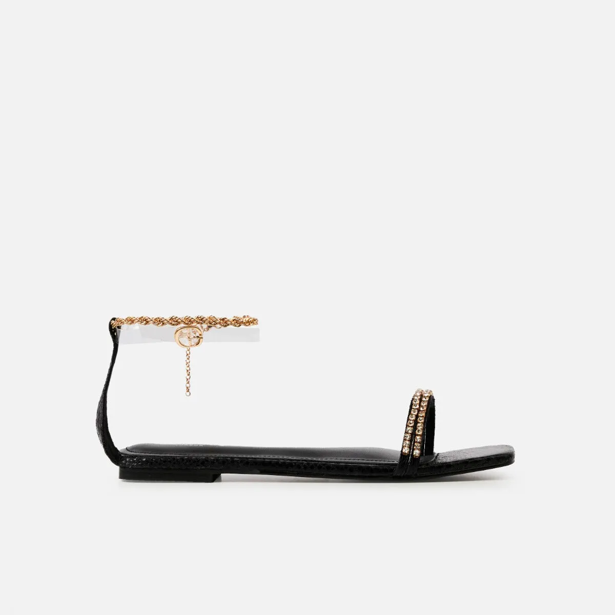 Hestia Black Ankle Chain Flat Sandals