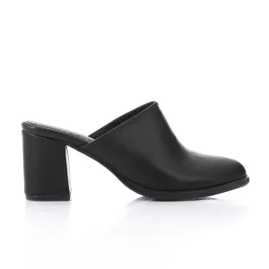 High Heel Mule Sandals Elegant Pointed Toe, Faux Leather Texture, Black