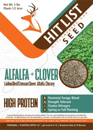 HIT LIST SEED® Alfalfa   Clover Food Plot Seeds for Deer [Perennial] - Food Plot Seed Perennial - Deer Plot Seed Mix - Ladino/Red/Crimson Clover, Alfalfa, Chicory - Spring & Fall Planting - 5 lbs