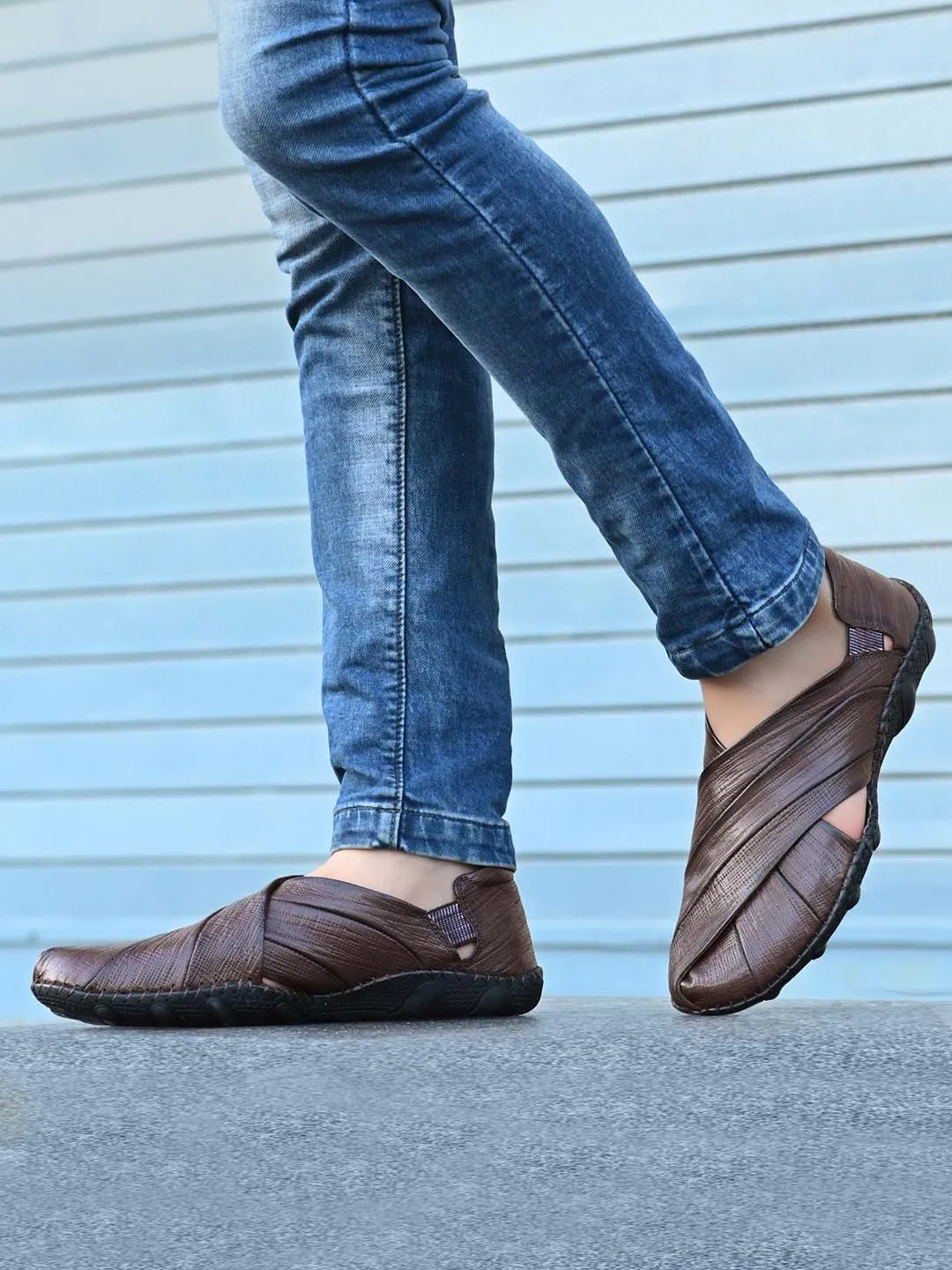 HITZM_1 Men's Brown Leather Casual Slip-On Sandals