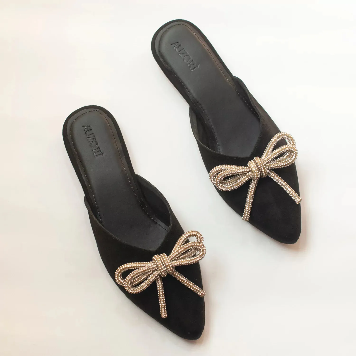 ICONIC Black Embellished Flat Bow Mules