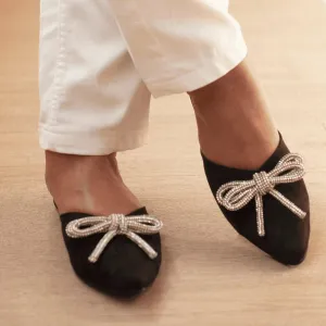 ICONIC Black Embellished Flat Bow Mules