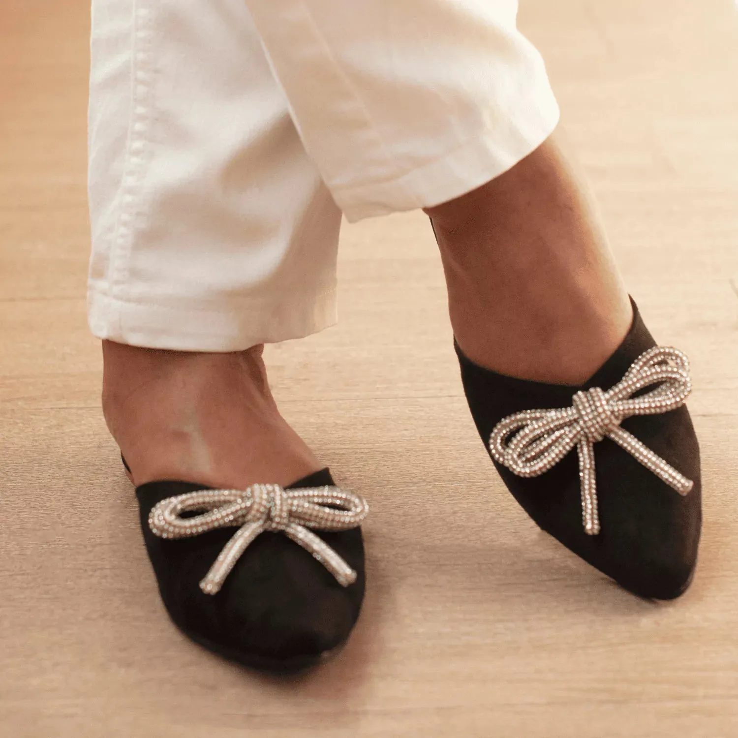 ICONIC Black Embellished Flat Bow Mules