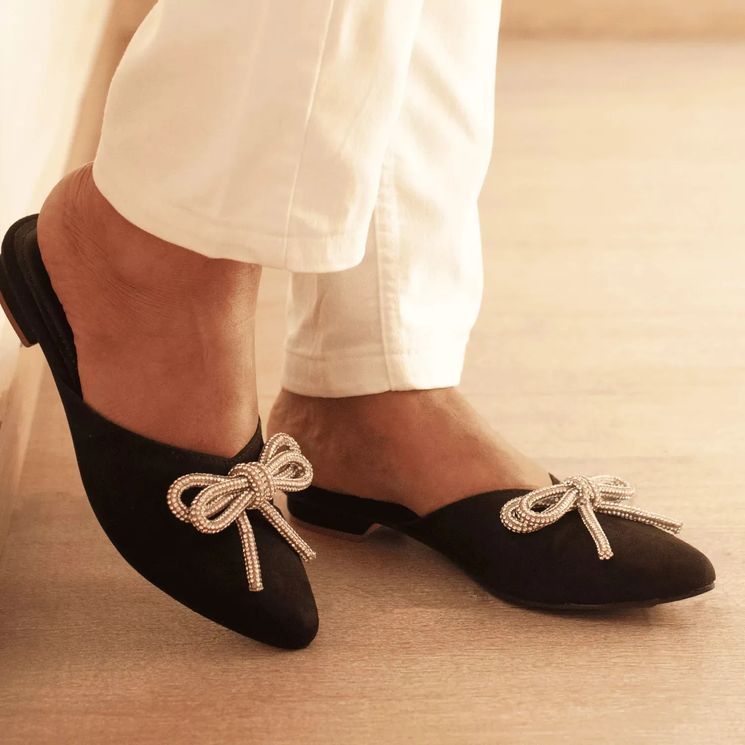 ICONIC Black Embellished Flat Bow Mules
