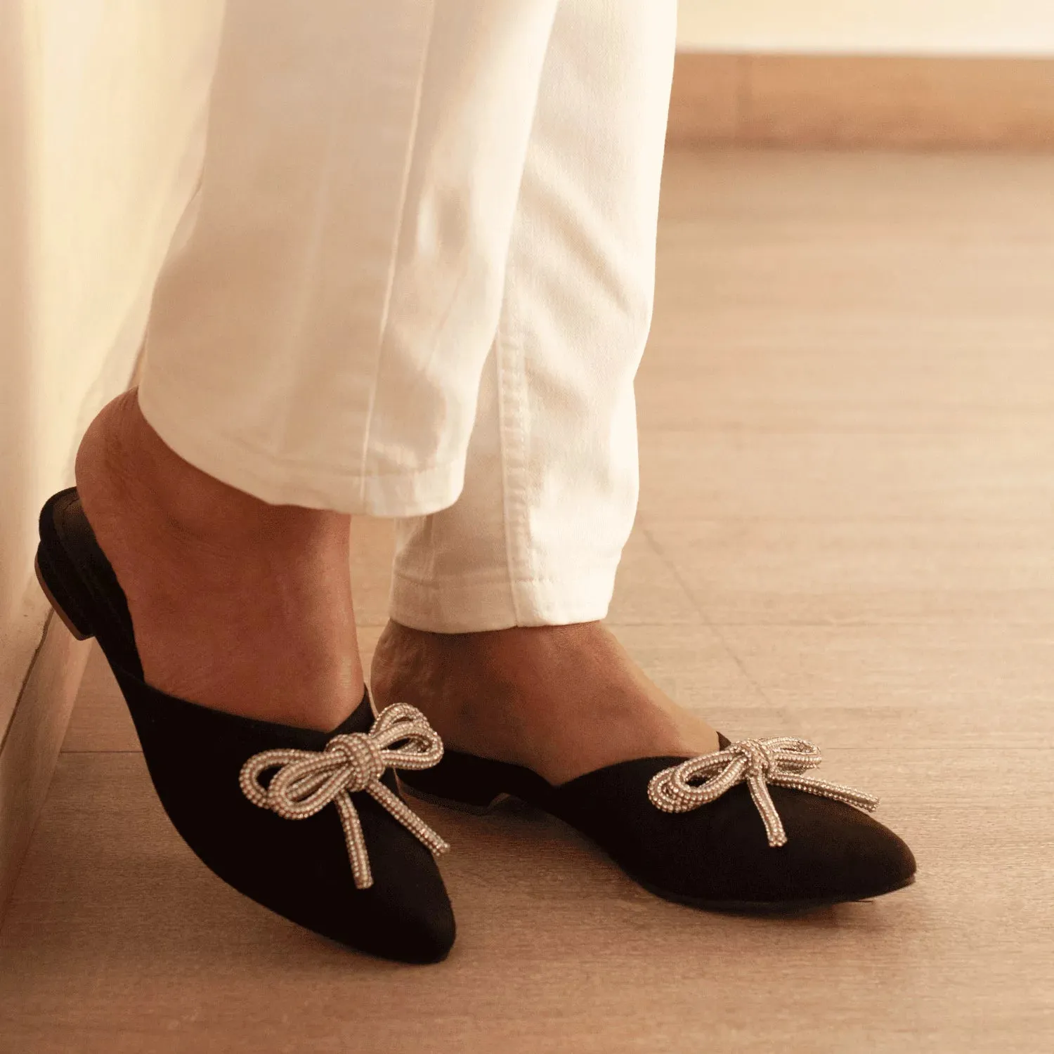 ICONIC Black Embellished Flat Bow Mules