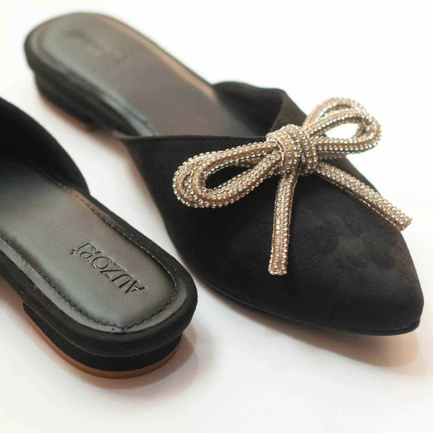 ICONIC Black Embellished Flat Bow Mules