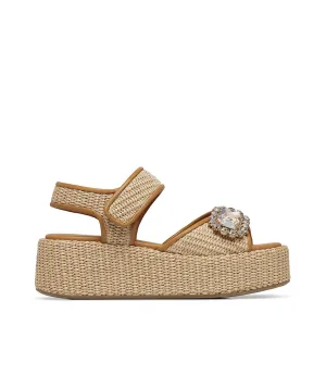Jewel broche pumpkin calfskin and raffia wedge sandal 