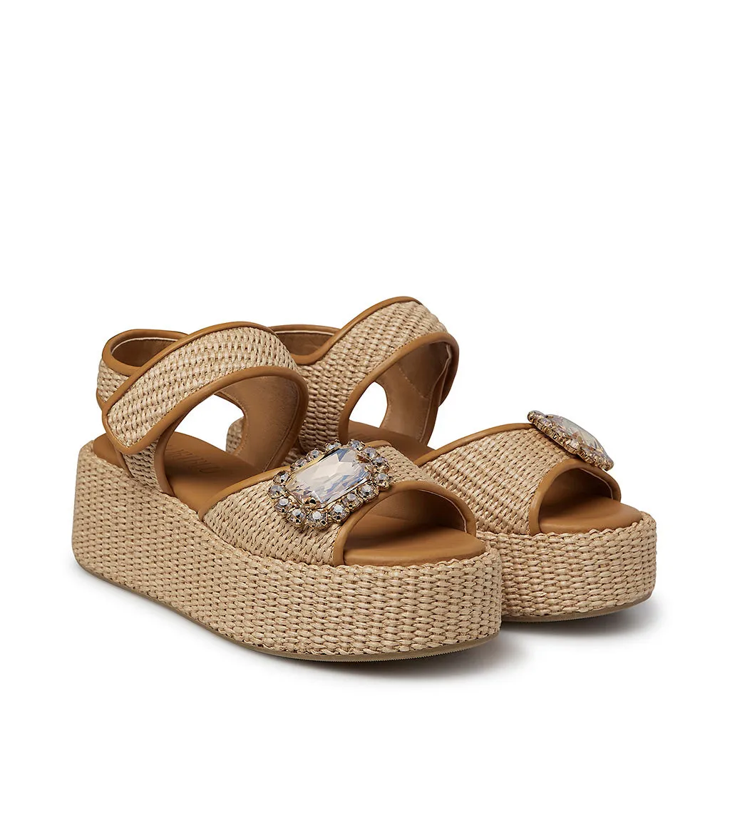 Jewel broche pumpkin calfskin and raffia wedge sandal 