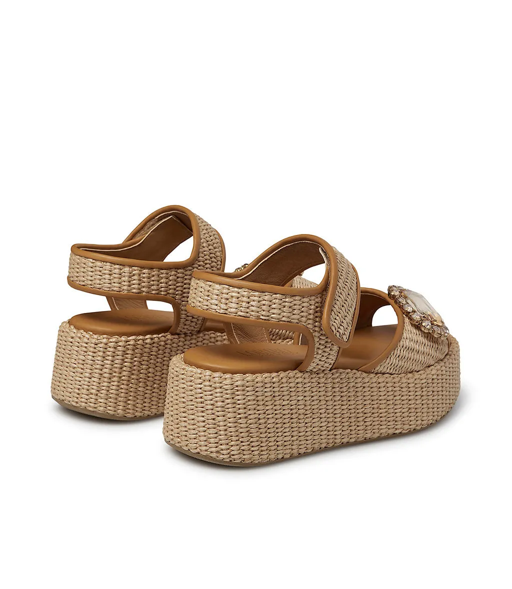 Jewel broche pumpkin calfskin and raffia wedge sandal 