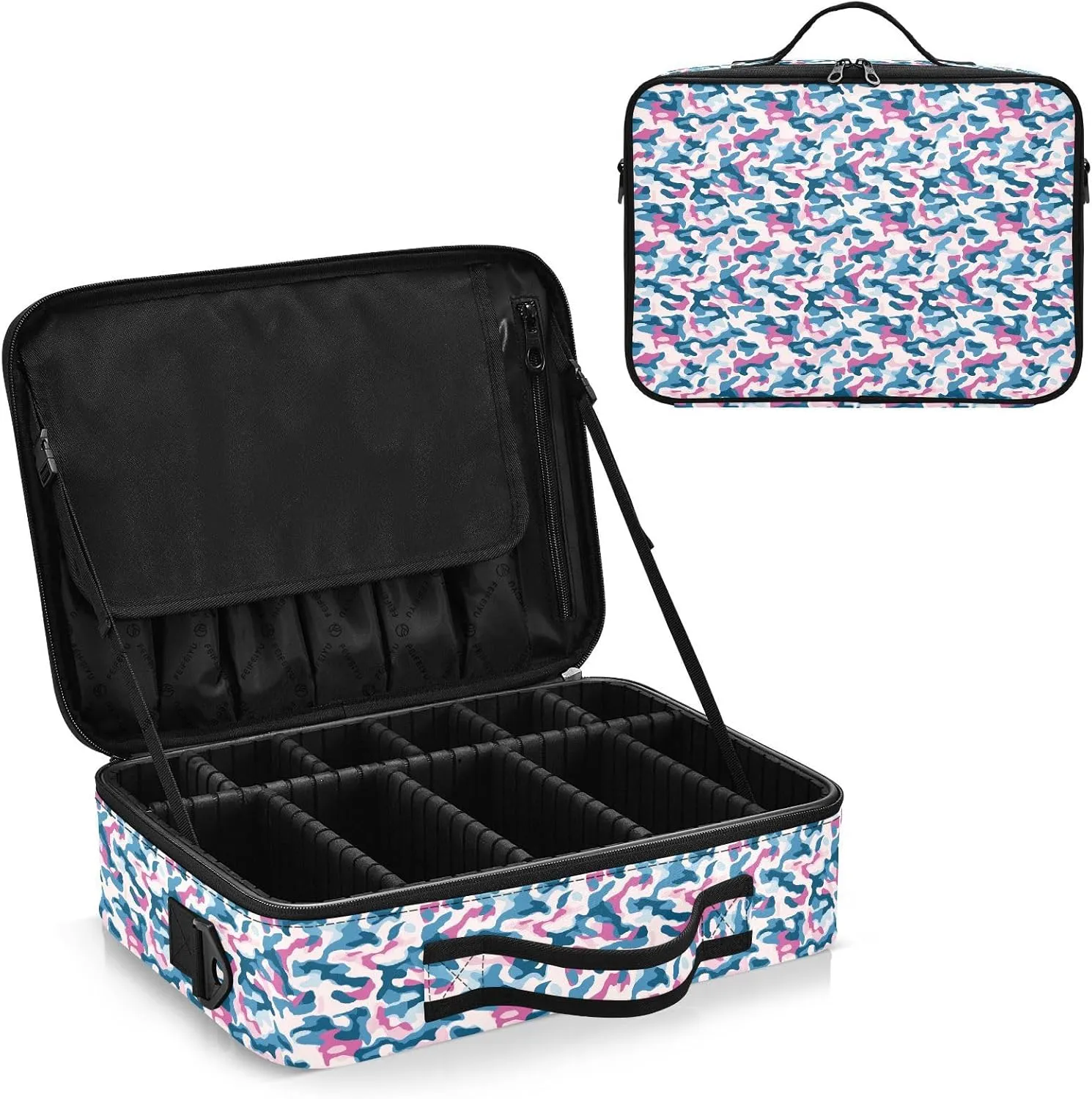 junzan Camo Large Makeup Organizer Bag Travel Makeup Train Case Flat Make Up Artist Case with Dividers and Adjustable Strap Electric Blue
