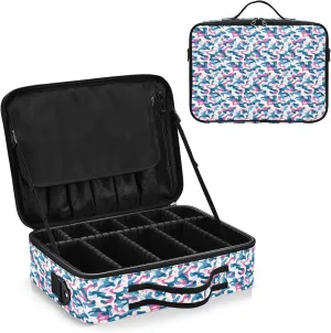 junzan Camo Large Makeup Organizer Bag Travel Makeup Train Case Flat Make Up Artist Case with Dividers and Adjustable Strap Electric Blue