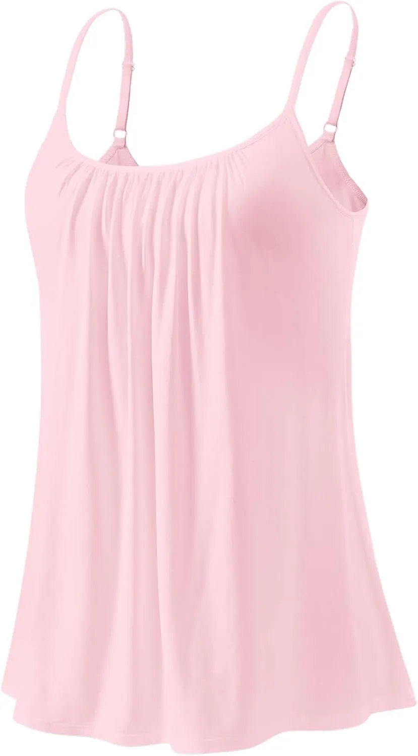 Kniffi Womens Camisole Tank Top Built in Bra Cami Pleated Loose Fit Camisole Adjustable Strap S-XXXXL