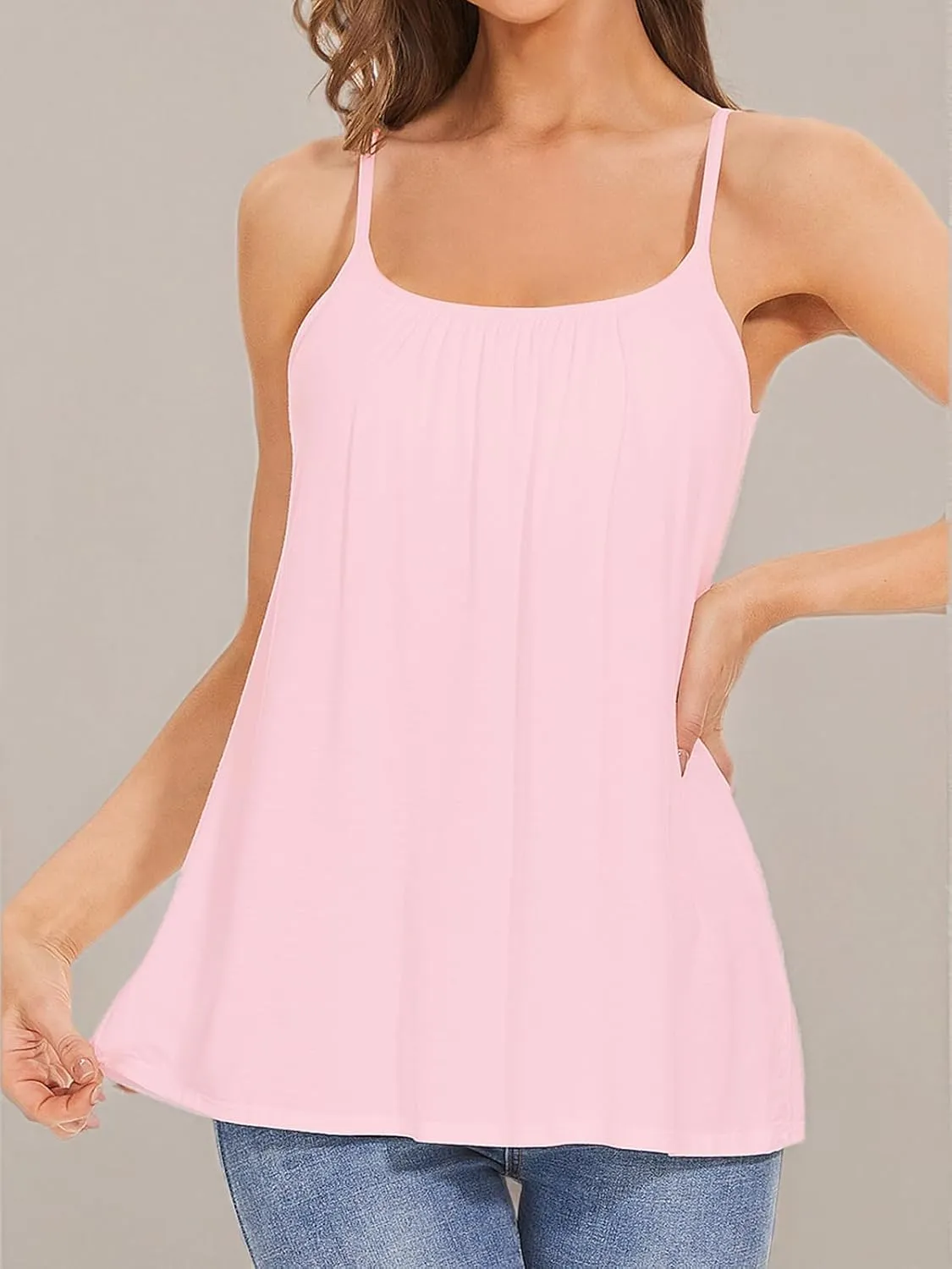 Kniffi Womens Camisole Tank Top Built in Bra Cami Pleated Loose Fit Camisole Adjustable Strap S-XXXXL