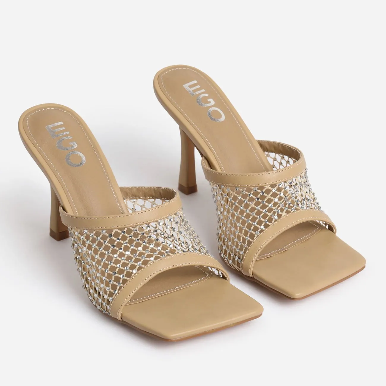 Koop Square Slip Budget-friendly Fishnet Peep Slide Compliance-certified LuxeModa Stiletto Mule Diamond Toe Heel On