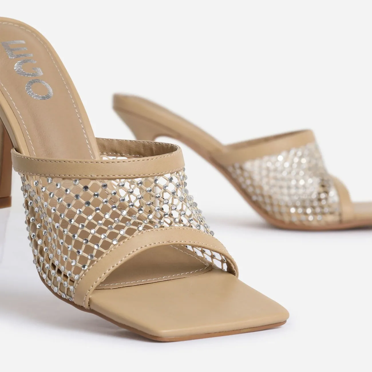 Koop Square Slip Budget-friendly Fishnet Peep Slide Compliance-certified LuxeModa Stiletto Mule Diamond Toe Heel On
