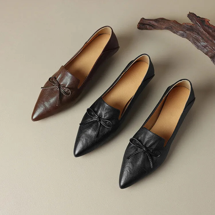 Ladies Leather Pointed Toe Bow Detail Flat Shoes