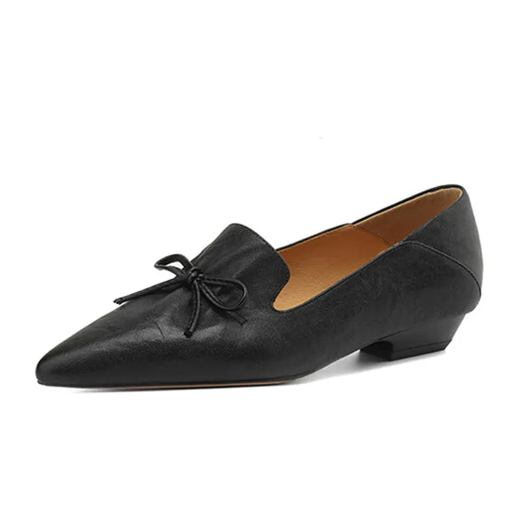 Ladies Leather Pointed Toe Bow Detail Flat Shoes