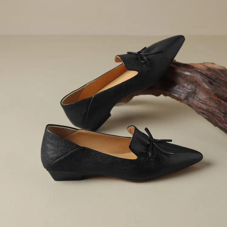 Ladies Leather Pointed Toe Bow Detail Flat Shoes