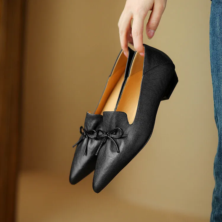 Ladies Leather Pointed Toe Bow Detail Flat Shoes