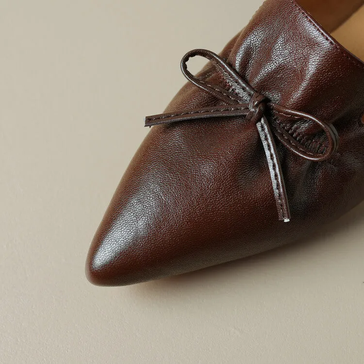Ladies Leather Pointed Toe Bow Detail Flat Shoes