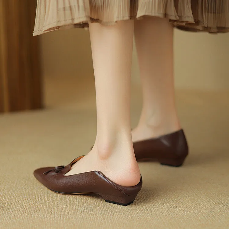 Ladies Leather Pointed Toe Bow Detail Flat Shoes
