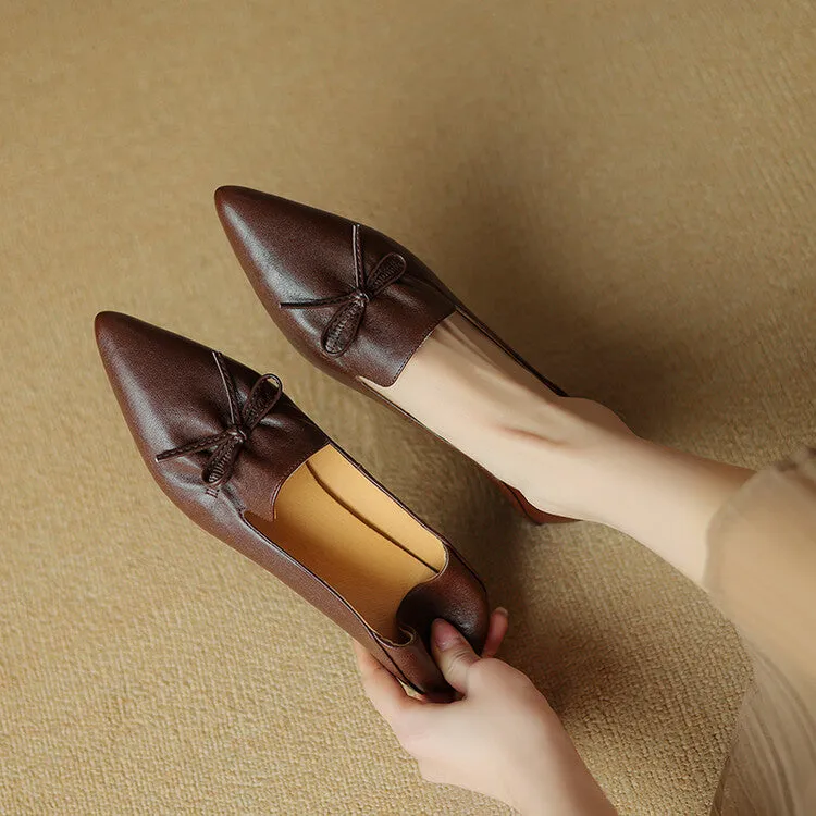 Ladies Leather Pointed Toe Bow Detail Flat Shoes