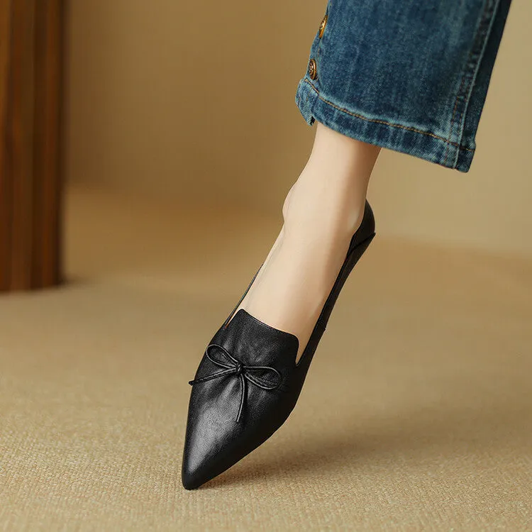 Ladies Leather Pointed Toe Bow Detail Flat Shoes