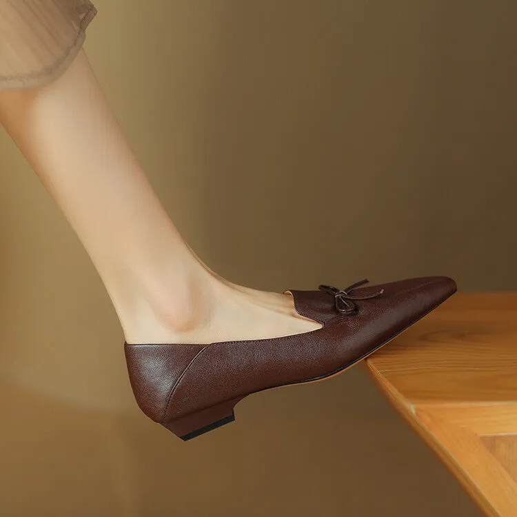 Ladies Leather Pointed Toe Bow Detail Flat Shoes