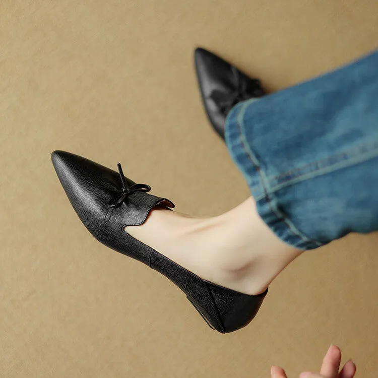 Ladies Leather Pointed Toe Bow Detail Flat Shoes