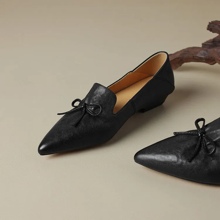 Ladies Leather Pointed Toe Bow Detail Flat Shoes