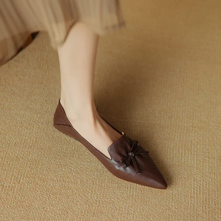Ladies Leather Pointed Toe Bow Detail Flat Shoes