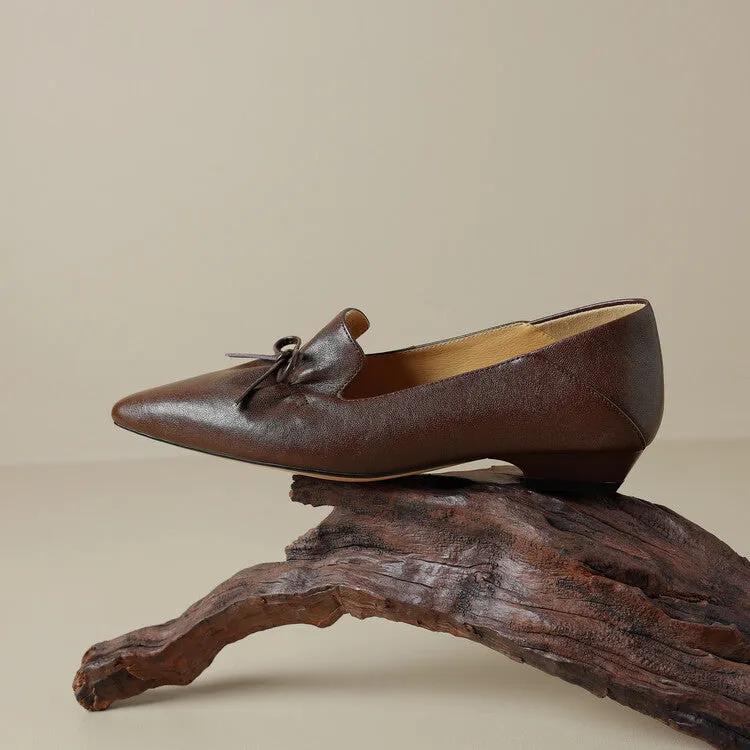 Ladies Leather Pointed Toe Bow Detail Flat Shoes