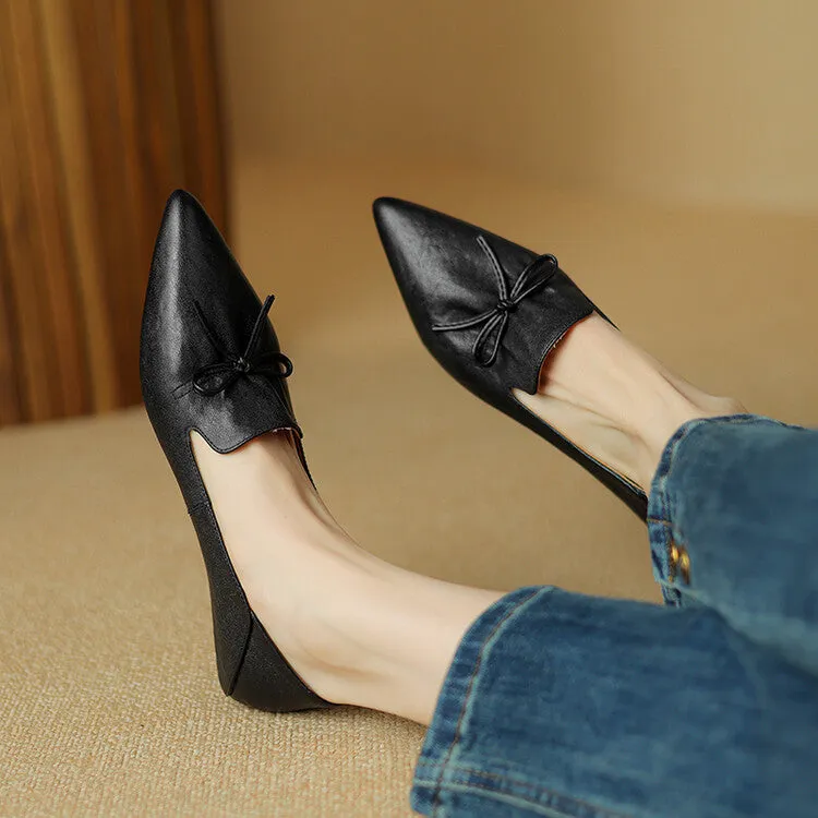 Ladies Leather Pointed Toe Bow Detail Flat Shoes