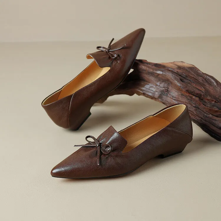 Ladies Leather Pointed Toe Bow Detail Flat Shoes