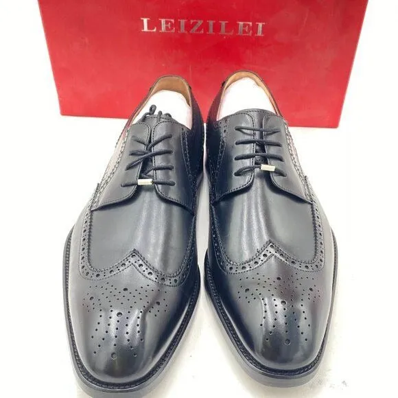 LEIZILEIMen's Round Toe Shoes Brogue Genuine Leather Lace-Up Oxford Derby  Black