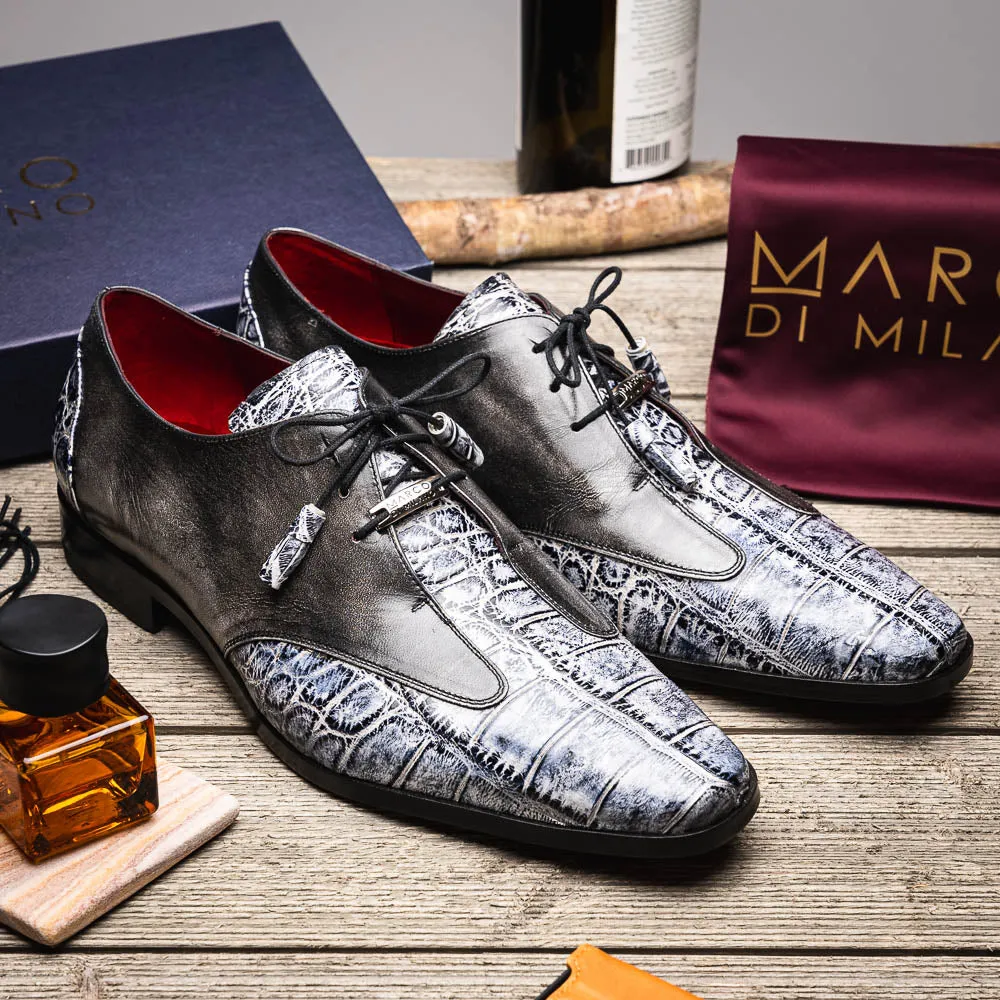 Marco Di Milano Anzio in Newspaper / Grey Alligator & Calfskin Derby Dress Shoes