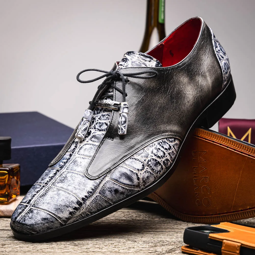 Marco Di Milano Anzio in Newspaper / Grey Alligator & Calfskin Derby Dress Shoes