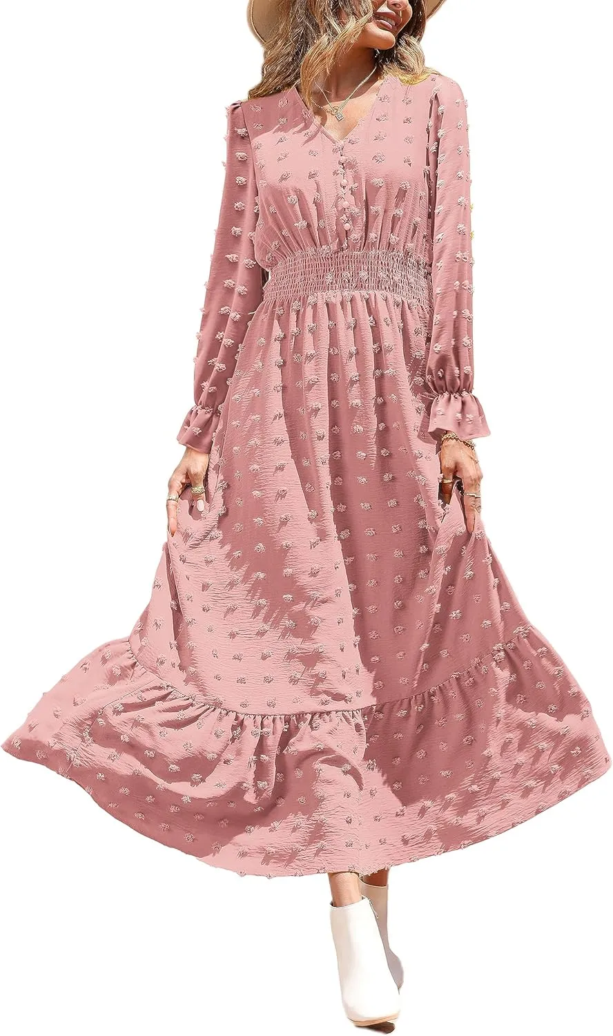 MASCOMODA Women Boho Maxi Dress 2025 Long Sleeve V Neck Swiss Dot Smocked High Waisted A-Line Ruffle Tiered Long Dress