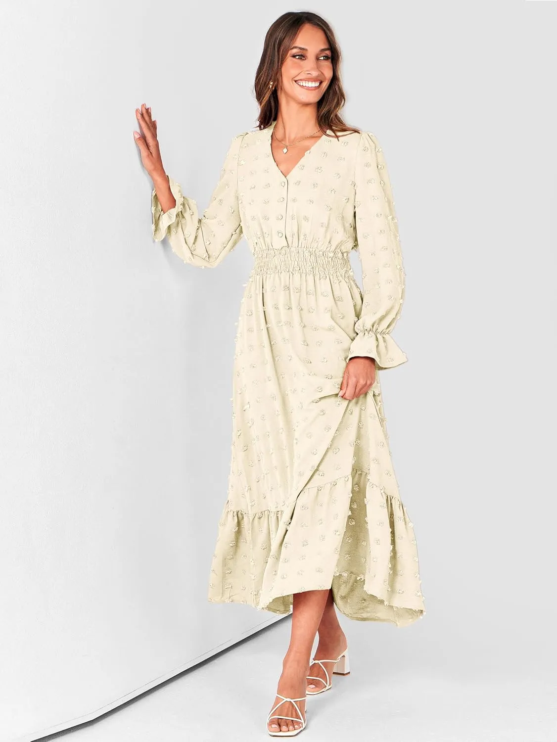 MASCOMODA Women Boho Maxi Dress 2025 Long Sleeve V Neck Swiss Dot Smocked High Waisted A-Line Ruffle Tiered Long Dress