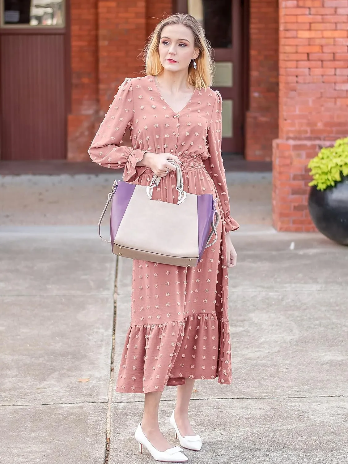 MASCOMODA Women Boho Maxi Dress 2025 Long Sleeve V Neck Swiss Dot Smocked High Waisted A-Line Ruffle Tiered Long Dress