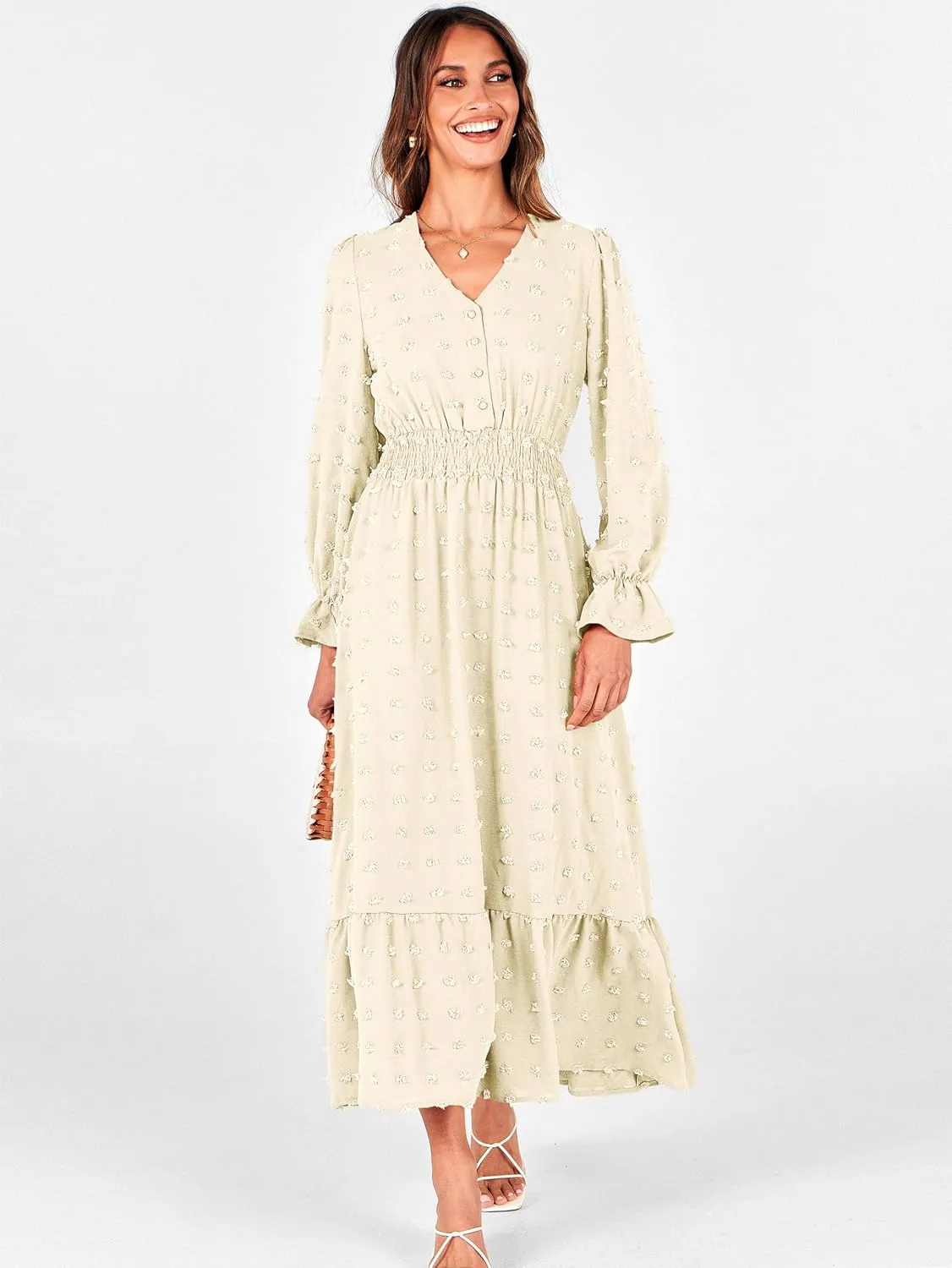 MASCOMODA Women Boho Maxi Dress 2025 Long Sleeve V Neck Swiss Dot Smocked High Waisted A-Line Ruffle Tiered Long Dress