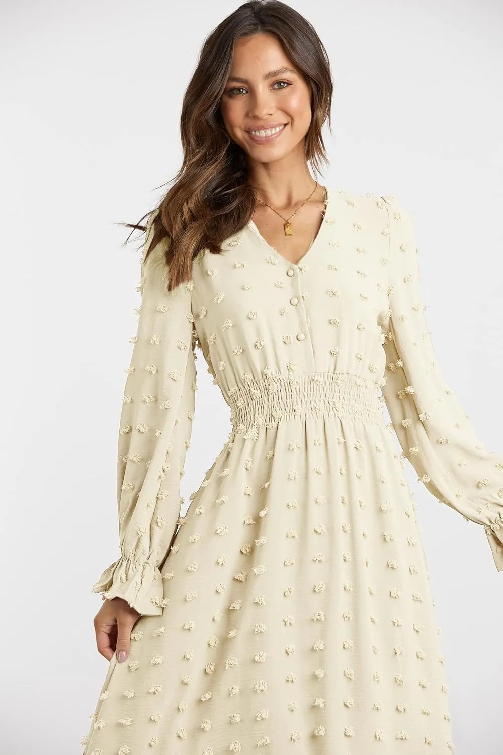 MASCOMODA Women Boho Maxi Dress 2025 Long Sleeve V Neck Swiss Dot Smocked High Waisted A-Line Ruffle Tiered Long Dress